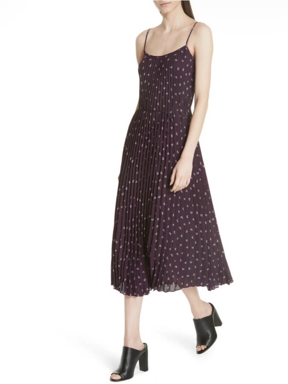 Vince Ditsy Bouquet Print Pleated Camisole Dress in Mulberry